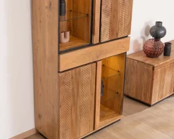 Vaisselier contemporain acacia et liserés noirs "Lumino" niches avec étagères vitrée et éclairage LED Vaisselier|Bibliothèque