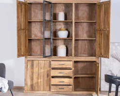 New Vaisselier contemporain 180 cm en manguier avec porte centrale vitrée "Presolino" Vaisselier