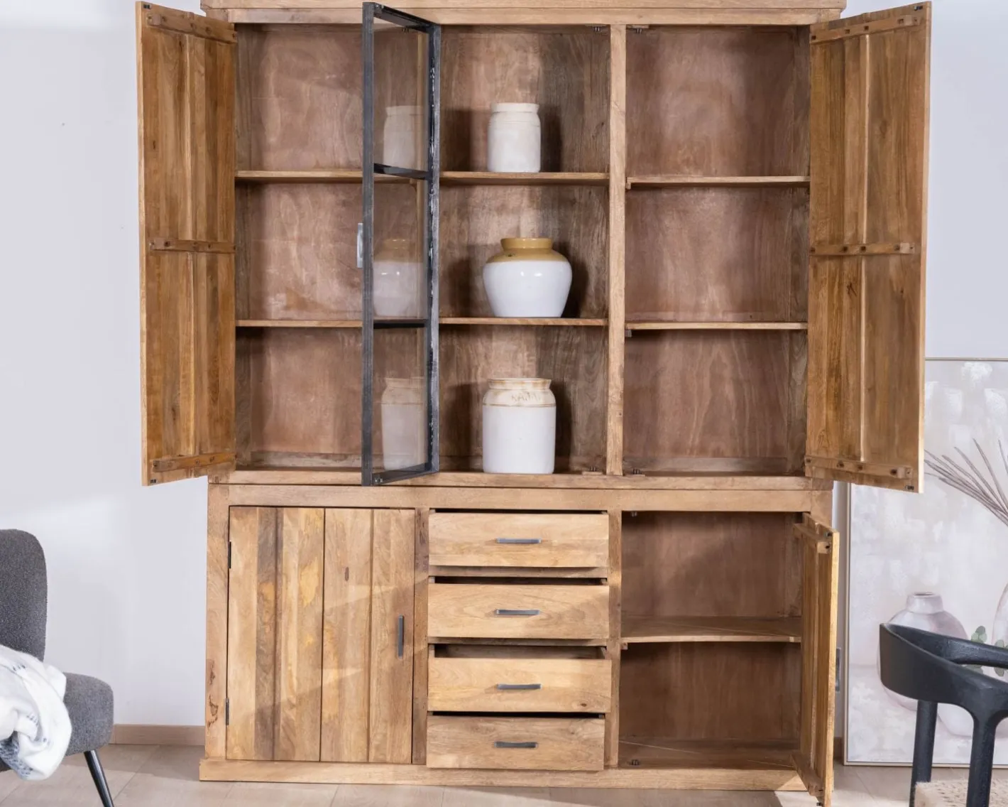 New Vaisselier contemporain 180 cm en manguier avec porte centrale vitrée "Presolino" Vaisselier