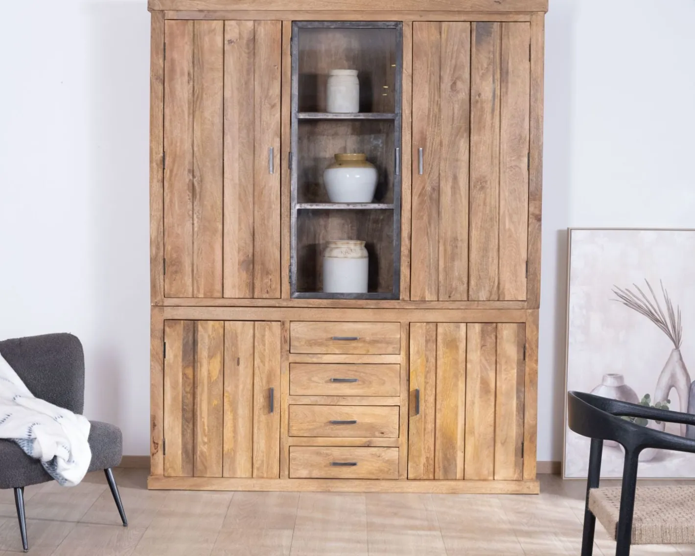 New Vaisselier contemporain 180 cm en manguier avec porte centrale vitrée "Presolino" Vaisselier