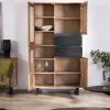 Online Vaisselier contemporain en acacia avec portes vitrées et tiroirs noirs "Bennett" Vaisselier|Buffet Et Bahut