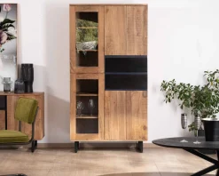 Online Vaisselier contemporain en acacia avec portes vitrées et tiroirs noirs "Bennett" Vaisselier|Buffet Et Bahut