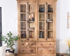 Clearance Vaisselier en manguier massif 170 cm avec portes vitrées et tiroirs
