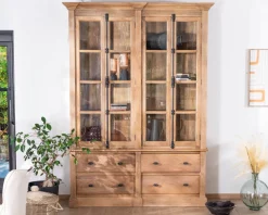 Clearance Vaisselier en manguier massif 170 cm avec portes vitrées et tiroirs