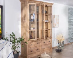 Clearance Vaisselier en manguier massif 170 cm avec portes vitrées et tiroirs