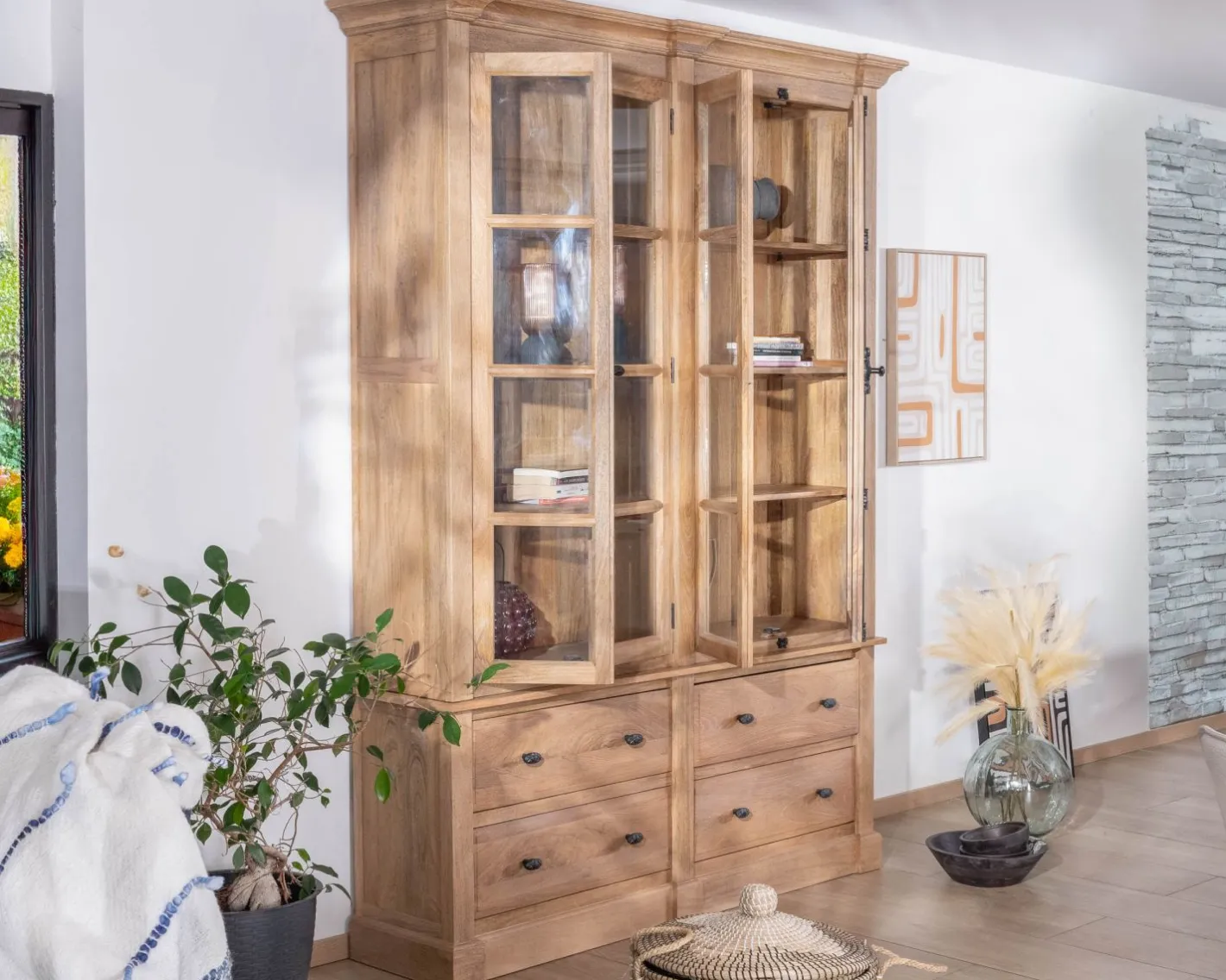 Clearance Vaisselier en manguier massif 170 cm avec portes vitrées et tiroirs "Santa" Vaisselier|Vitrine Et Argentier
