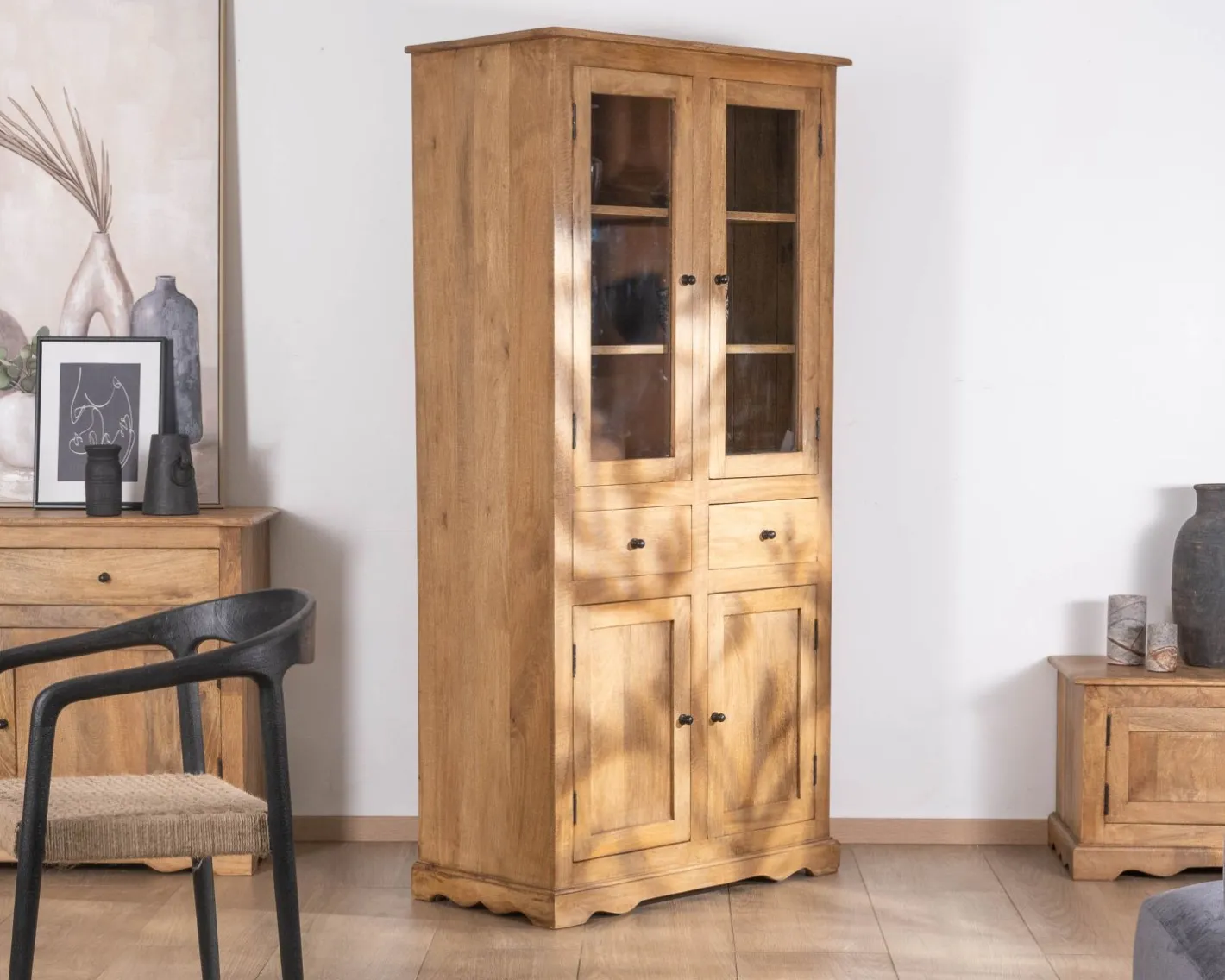 Hot Vaisselier style maison de campagne en manguier avec portes vitrées "Sarah" Vaisselier|Vitrine Et Argentier