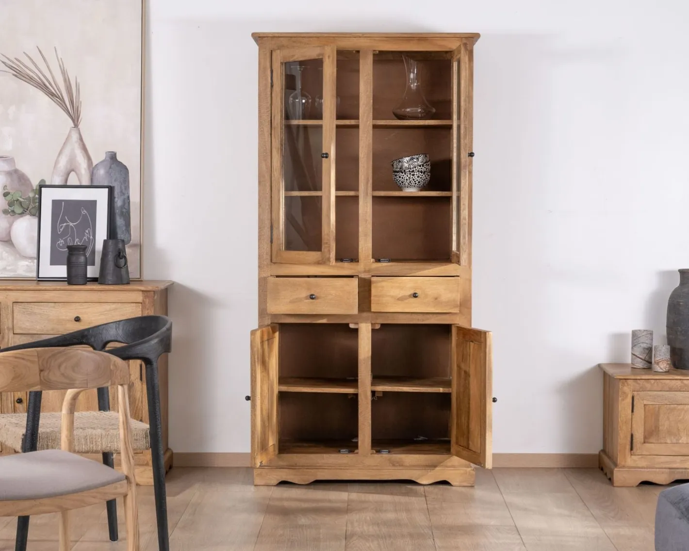 Hot Vaisselier style maison de campagne en manguier avec portes vitrées "Sarah" Vaisselier|Vitrine Et Argentier