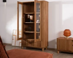 Online Vitrine avec 2 tiroirs bas style rétro "Winton" en chêne huilé aspect gaufré Vitrine Et Argentier|Rangement